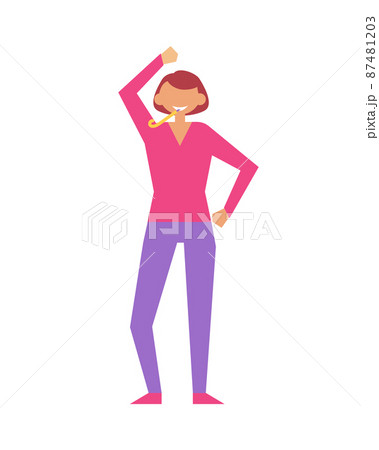 Woman Celebrate Birthday Party with Toot in Mouth Woman Celebrate Birthday Party with Toot in Mouth 87481203