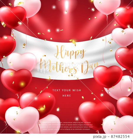 Happy mother's day 3D red and pink love heart balloon and golden ribbon spot light Happy mother's day 3D red and pink love heart balloon and golden ribbon spot light 87482554