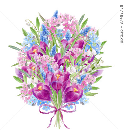 Spring bouquet with purple crocuses, watercolor illustration 87482758