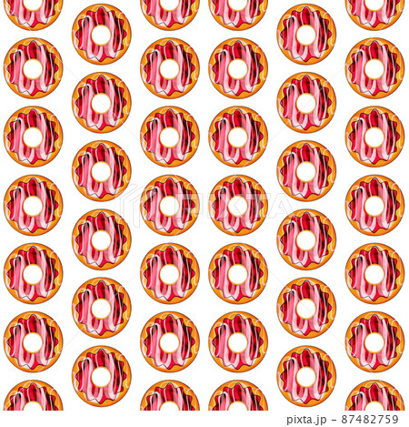 Seamless pattern of red donuts on a white isolated background. Confectionery sweets top view. 87482759