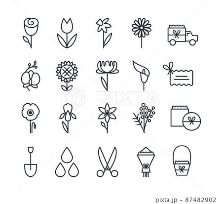 Icon set of flowers. Gardening and flowers delivery 87482902