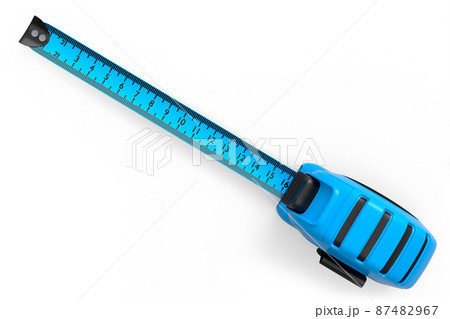 Blue carpenter measuring tape isolated on white with imperial units scale. Blue carpenter measuring tape isolated on white with imperial units scale. 87482967