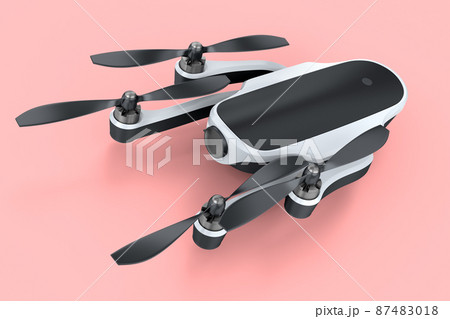 Flying photo and video drone or quad copter with action camera isolated on pink Flying photo and video drone or quad copter with action camera isolated on pink 87483018