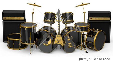 Set of realistic drums with metal cymbals or drumset, amplifier and acoustic guitars on white background. 3d render concept of musical percussion instrument, drum machine and drumset 87483228