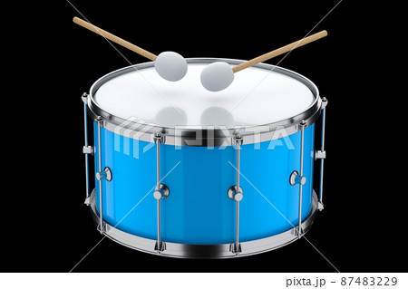 Realistic drum and wooden drum sticks on black background. 3d render concept of musical instrument, drum machine. 87483229