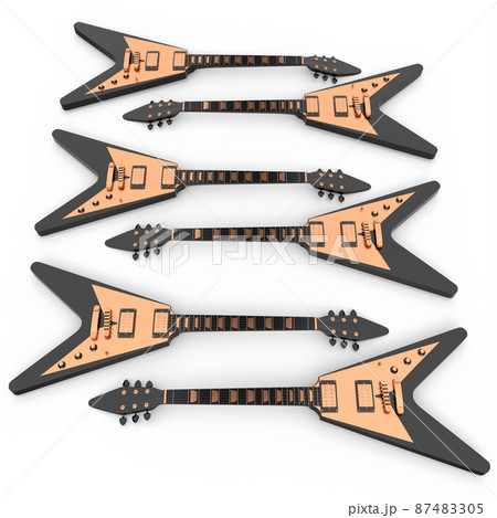 Set of electric acoustic guitar isolated on white background. 3d render of concept for rock festival poster with heavy metal guitar for music shop Set of electric acoustic guitar isolated on white background. 3d render of concept for rock festival poster with heavy metal guitar for music shop 87483305