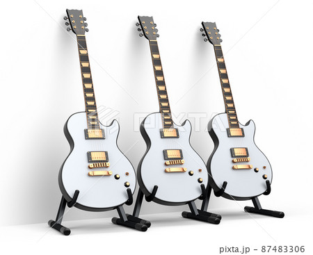 Set of electric acoustic guitar isolated on white background. 3d render of concept for rock festival poster with heavy metal guitar for music shop 87483306