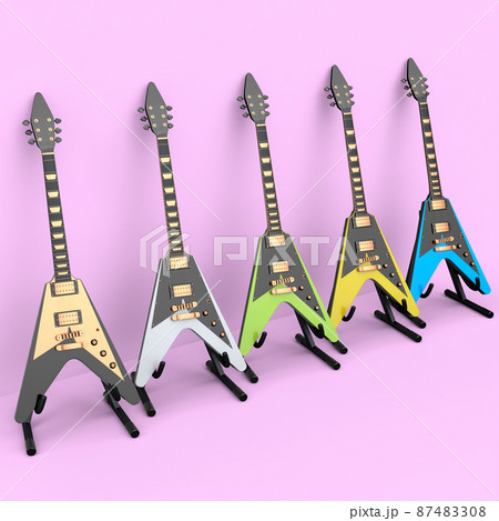 Set of electric acoustic guitar isolated on pinkbackground. 3d render of concept for rock festival poster with heavy metal guitar for music shop 87483308