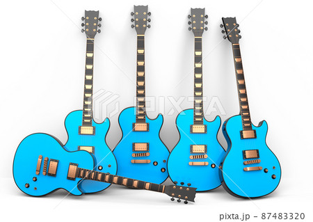 Set of electric acoustic guitar isolated on white background. 3d render of concept for rock festival poster with heavy metal guitar for music shop 87483320