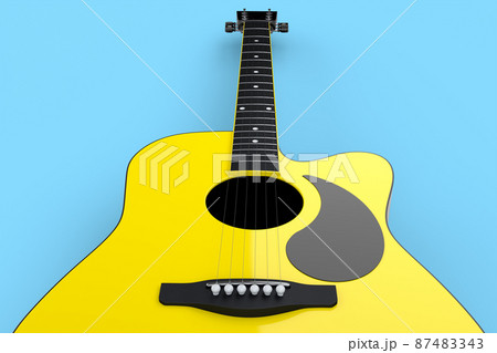 Close-up of acoustic guitar isolated on blue background. 3d render of concept for rock festival poster with spanish guitar for music shop 87483343