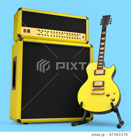 Classical amplifier with electric or acoustic guitar on stand isolated on blue background. 3d render of amplifier for recording bass guitar in studio or rehearsal room, concept for rock festival poste 87483376