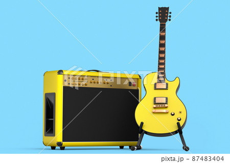 Classical amplifier with electric or acoustic guitar on stand isolated on blue background. 3d render of amplifier for recording bass guitar in studio or rehearsal room, concept for rock festival poste Classical amplifier with electric or acoustic guitar on stand isolated on blue background. 3d render of amplifier for recording bass guitar in studio or rehearsal room, concept for rock festival poste 87483404