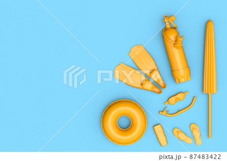 Colorful scuba stuff and beach accessories like umbrella, flip flops and inflatable ring on monochrome blue background. 3D render of summer vacation concept and holidays Colorful scuba stuff and beach accessories like umbrella, flip flops and inflatable ring on monochrome blue background. 3D render of summer vacation concept and holidays 87483422