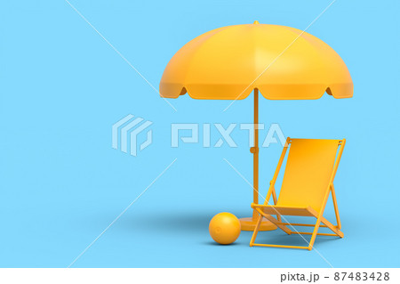 Beach chair with umbrella and beach ball on monochrome blue background. 3D render of summer vacation concept Beach chair with umbrella and beach ball on monochrome blue background. 3D render of summer vacation concept 87483428