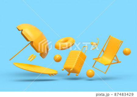 Suitcase with beach accessories like surf, umbrella and chair on monochrome blue background. 3D render of summer vacation concept and holidays 87483429
