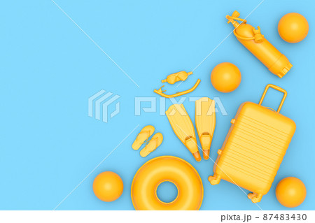 Colorful suitcase or baggage with beach accessories like scuba, ball, diving tank and goggles on monochrome blue background. 3D render of summer vacation concept and holidays 87483430