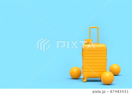 Suitcase with beach ball and flip flops on monochrome blue background. 3D render of summer vacation concept and holidays Suitcase with beach ball and flip flops on monochrome blue background. 3D render of summer vacation concept and holidays 87483431