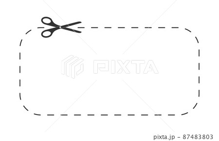 Scissors icon cutting rectangle shape with dotted line. Cut here pictogram for paper discount coupon, voucher, promo code. Graphic vector illustration 87483803