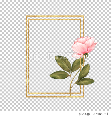 Gold frame with rose pink flower for greeting card. Gold frame with rose pink flower for greeting card. 87483981