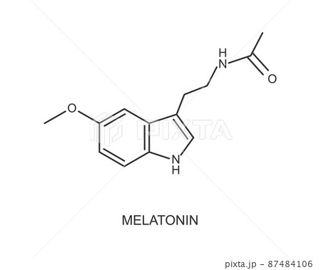 Melatonin molecular structure. Hormone used for jet lag, insomnia, circadian rhythm disorder therapy. Sleep and wake cycle regulation icon Melatonin molecular structure. Hormone used for jet lag, insomnia, circadian rhythm disorder therapy. Sleep and wake cycle regulation icon 87484106