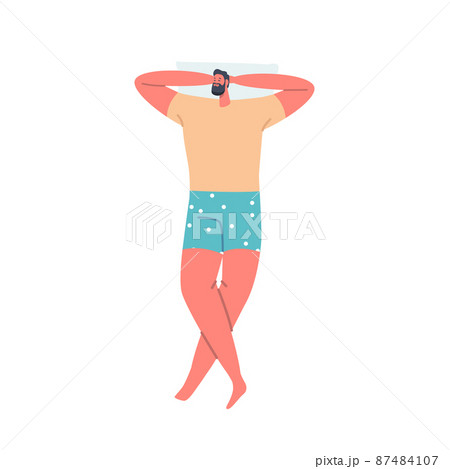 Dreamy Male Character Sleeping in Relaxed Pose Lying on Bed with Arms under Head and Crossed Legs Top View, Bedding Time Dreamy Male Character Sleeping in Relaxed Pose Lying on Bed with Arms under Head and Crossed Legs Top View, Bedding Time 87484107