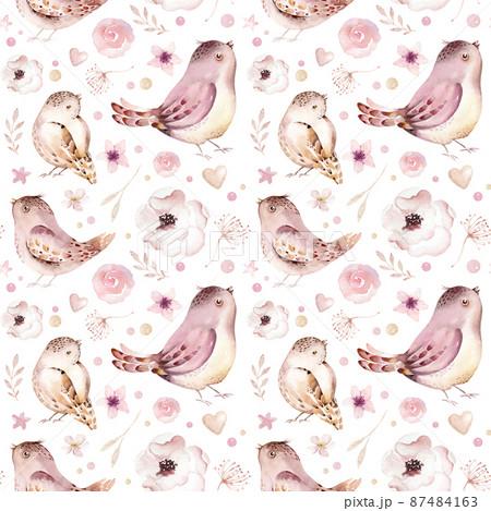 Watercolor seamless pattern birds, flower, feather, butterfly, blossom flolar style. spring illustration with colorful flowers on branches tree. 87484163