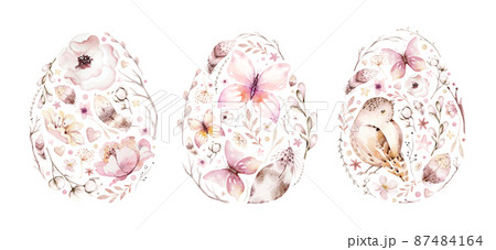 Collection cute birds in vintage watercolor style. spring illustration with colorful flowers on branches tree. Collection cute birds in vintage watercolor style. spring illustration with colorful flowers on branches tree. 87484164