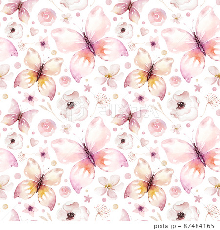 Watercolor seamless pattern birds, flower, feather, butterfly, blossom flolar style. spring illustration with colorful flowers on branches tree. Watercolor seamless pattern birds, flower, feather, butterfly, blossom flolar style. spring illustration with colorful flowers on branches tree. 87484165