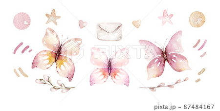 Collection cute birds in vintage watercolor style. spring illustration with colorful flowers on branches tree. 87484167
