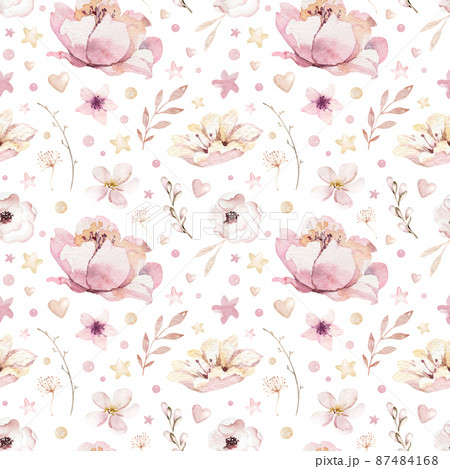 Collection cute birds in vintage watercolor style. spring illustration with colorful flowers on branches tree. Collection cute birds in vintage watercolor style. spring illustration with colorful flowers on branches tree. 87484168