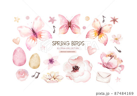 Collection cute birds in vintage watercolor style. spring illustration with colorful flowers on branches tree. Collection cute birds in vintage watercolor style. spring illustration with colorful flowers on branches tree. 87484169