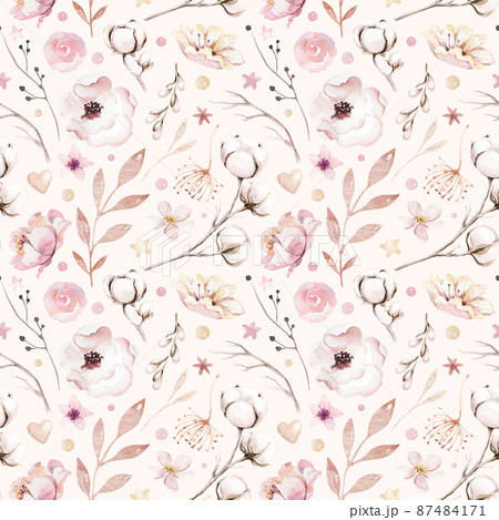 Watercolor seamless pattern birds, flower, feather, butterfly, blossom flolar style. spring illustration with colorful flowers on branches tree. Watercolor seamless pattern birds, flower, feather, butterfly, blossom flolar style. spring illustration with colorful flowers on branches tree. 87484171