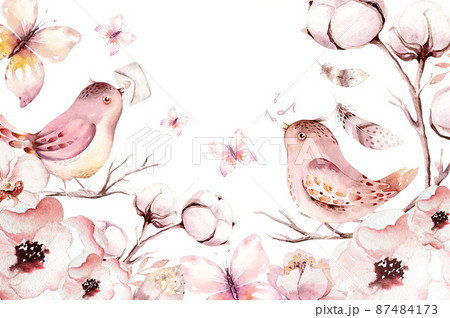 Collection cute birds in vintage watercolor style. spring illustration with colorful flowers on branches tree. Collection cute birds in vintage watercolor style. spring illustration with colorful flowers on branches tree. 87484173