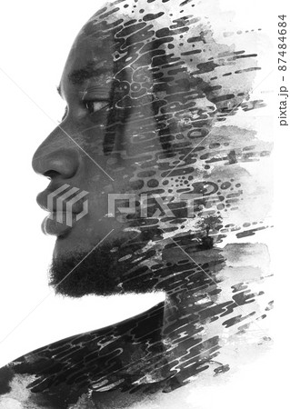 Paintography. A profile portrait of a male model combined with an ink painting. Paintography. A profile portrait of a male model combined with an ink painting. 87484684