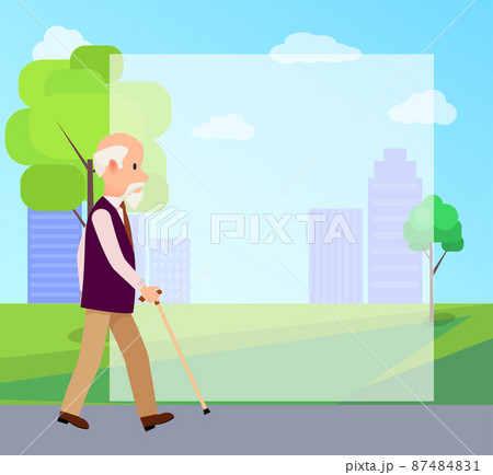 Senior Man with Walking Stick in City Park Poster 87484831