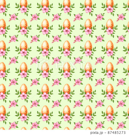 Watercolor pattern with Easter eggs and flowers 87485273
