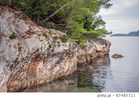Panoramic summer landscape of the beautiful green Royal park Milocer on the shore of the the Adriatic Sea, Montenegro Panoramic summer landscape of the beautiful green Royal park Milocer on the shore of the the Adriatic Sea, Montenegro 87485711