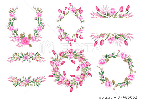 Watercolor frames with roses, tulips, gerberas 87486062