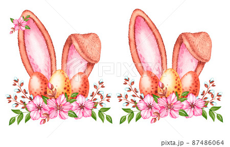 Watercolor set of Easter bunny ears with eggs, flowers on a white background Watercolor set of Easter bunny ears with eggs, flowers on a white background 87486064
