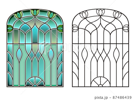 Arched vintage old window with stained glass Arched vintage old window with stained glass 87486439