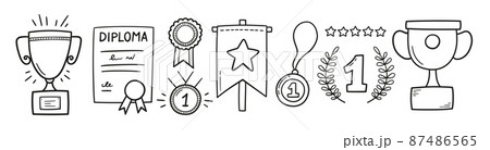 Awards, trophy cups, first place medals and diploma set. Doodle gold medal and champion trophy cup. Hand drawn award decorative icons. Vector illustrations isolated on white background Awards, trophy cups, first place medals and diploma set. Doodle gold medal and champion trophy cup. Hand drawn award decorative icons. Vector illustrations isolated on white background 87486565