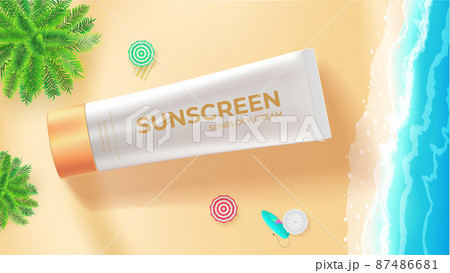 Tube of sunscreen cream on beach, top down view. Tube of sunscreen cream on beach, top down view. 87486681
