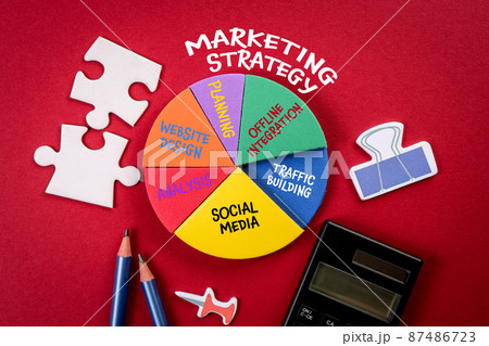 Marketing Strategy concept. Analysis and planning, office items on a red background 87486723