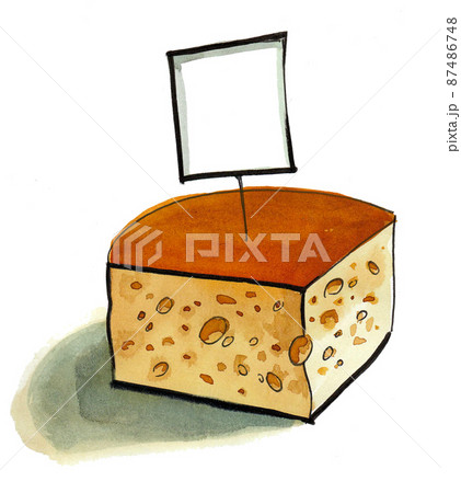 Big piece of cheese. Ink and watercolour drawing Big piece of cheese. Ink and watercolour drawing 87486748