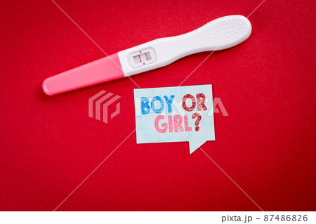 Boy or Girl. Speech bubble with text and positive pregnancy text on a red background Boy or Girl. Speech bubble with text and positive pregnancy text on a red background 87486826