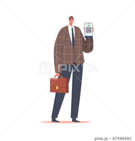 Male Character Show Qr Code, Young Business Man with Briefcase and Covid-19 Vaccination Document on Phone Screen 87486882