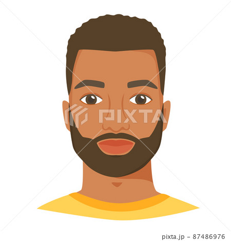 Young black man face with beard. Male portrait or avatar in flat style. Front view. Vector 87486976