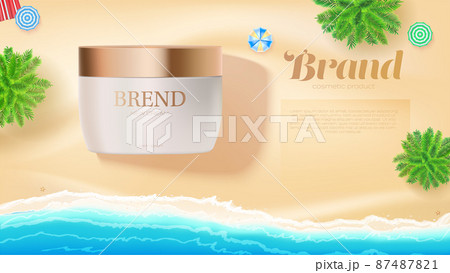 Ad of jar of cosmetic cream on tropical beach 87487821