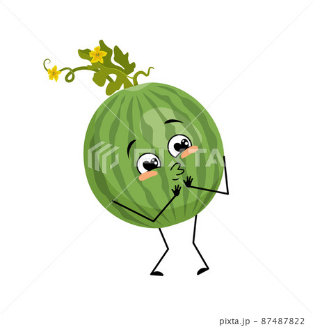 Green striped round watermelon character with love emotions, smile face, arms and legs. Person with happy expression, fruit or berry emoticon. Vector flat illustration 87487822