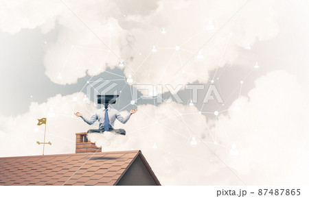 Concept of security and privacy protection with camera headed man meditating 87487865